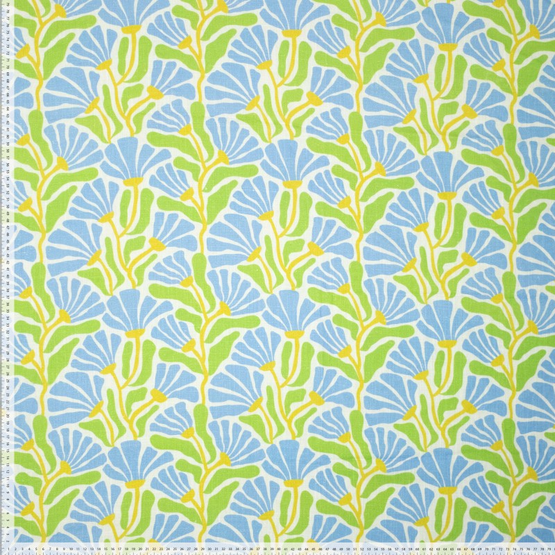 No. 1844 Leinen-Viskosemischung blau grüne Blumen