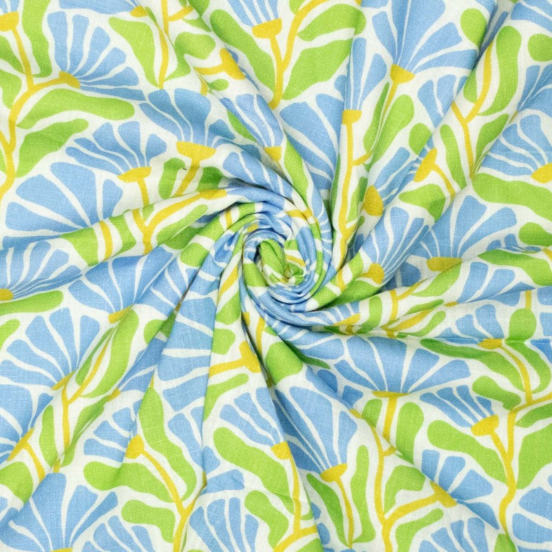 No. 1844 Leinen-Viskosemischung blau grüne Blumen