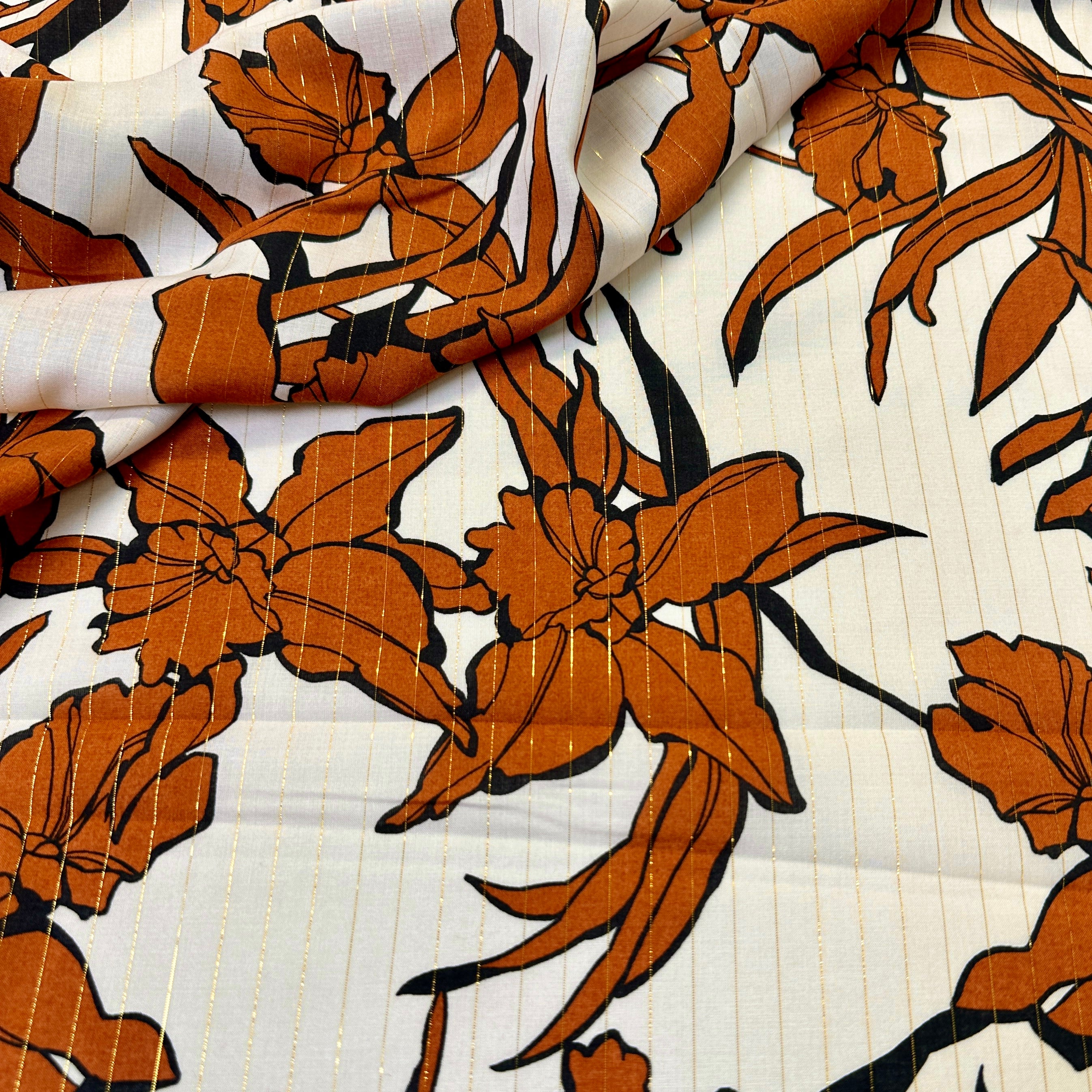 No. 1391 Viskose Blumen Lurex beige | rost | gold | 1,50m