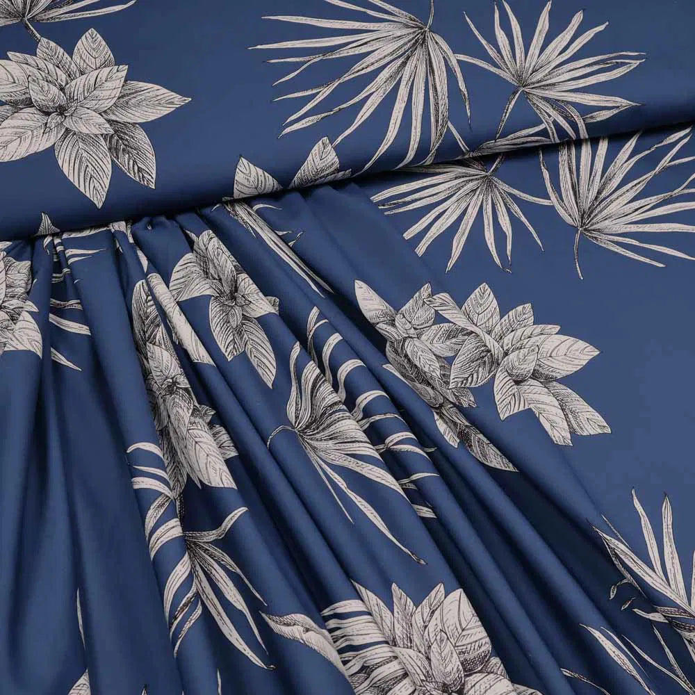 No. 1395 Baumwollstoff Palmenblätter dunkelblau | 1,50m