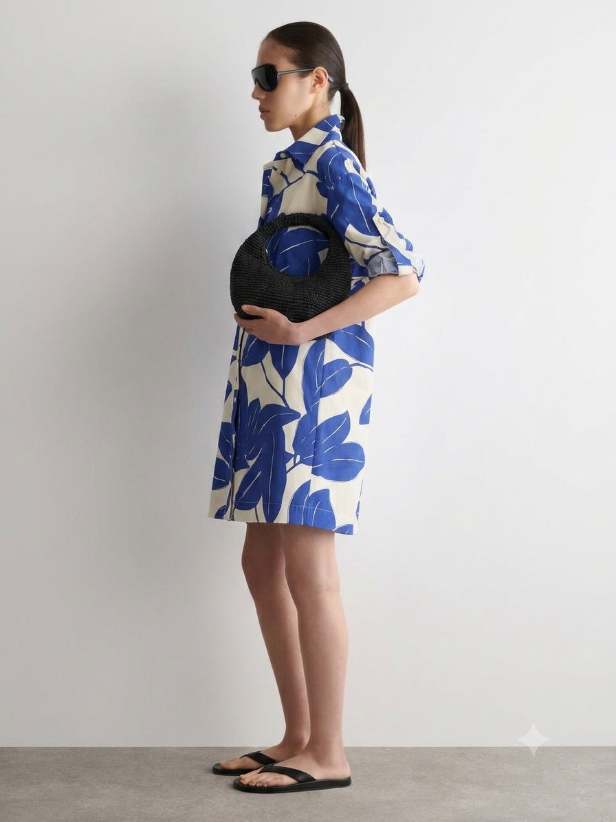 No. 2103 Poplin Blätter Blau/Ecru